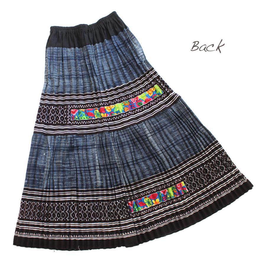 モン族刺繍 藍染めバティックロング丈スカート エスニックフレア