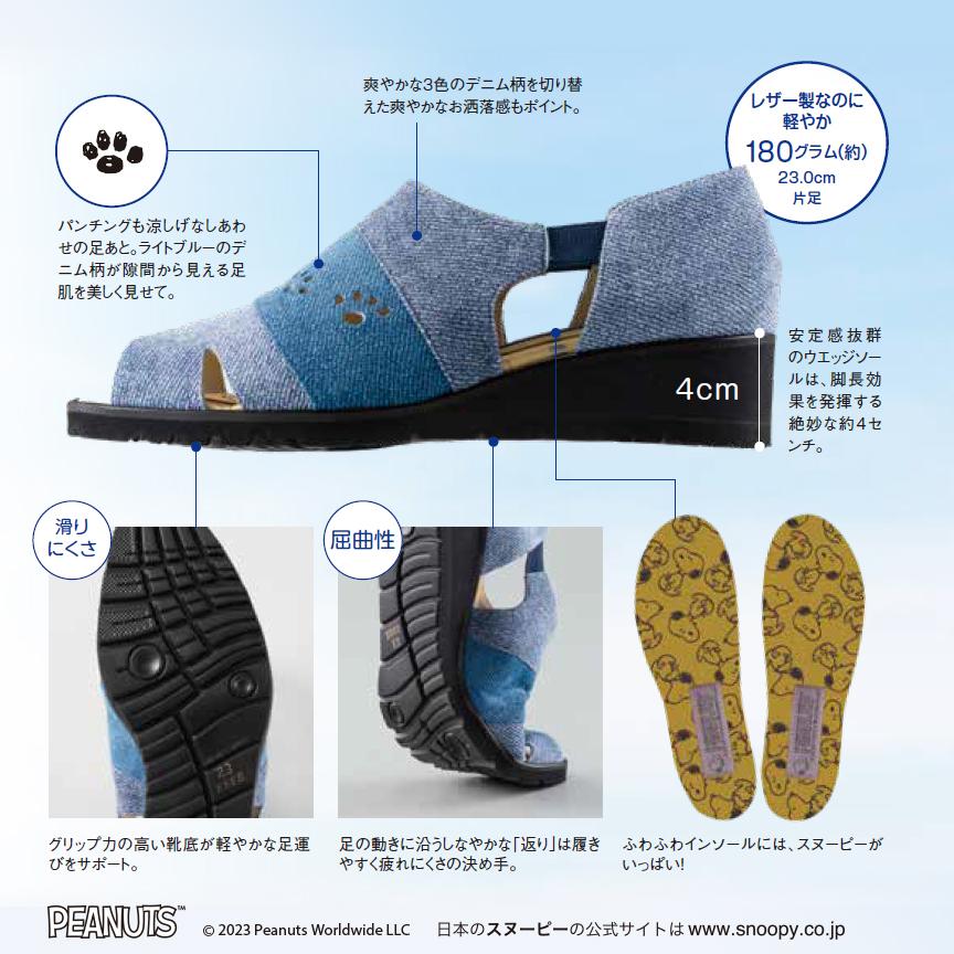 スヌーピー しあわせのデニムブルー 足をやさしく包む 本革4E美脚サンダル IEI インペリアル エンタープライズ | SNOOPY | 02