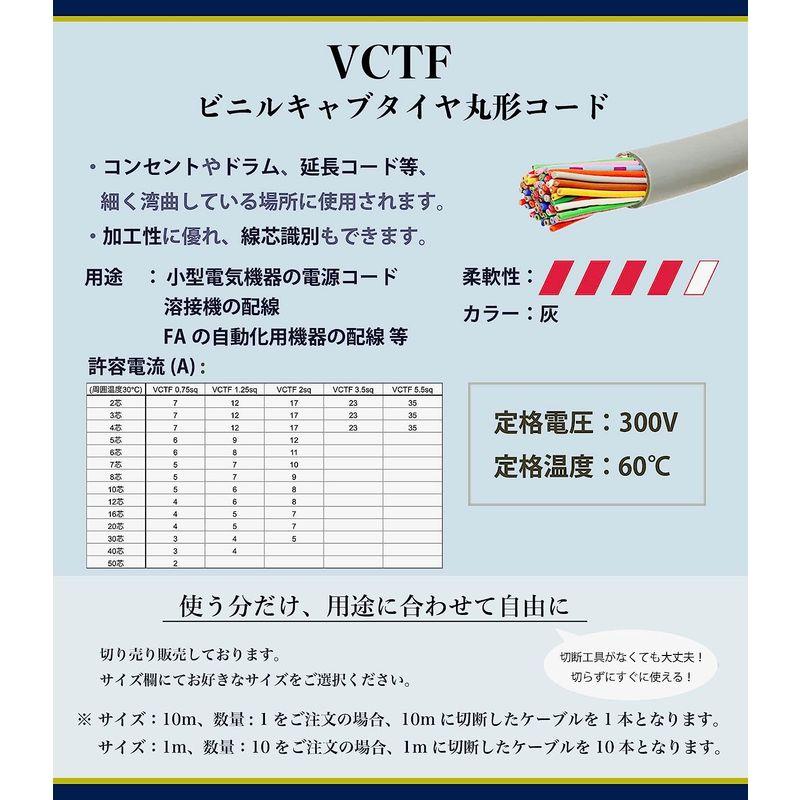 電線・ケーブル VCTFケーブル 0.75sq×50芯 灰色 20m 切り売り1ｍ?30ｍ