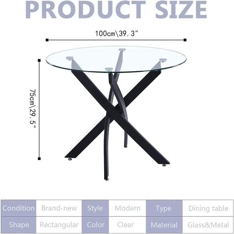GOLDFAN ダイニングテーブル 丸 100cm ガラス丸テーブル ブラッククローム脚 ダイニング キッチン ラウンジ用 (ブラック)