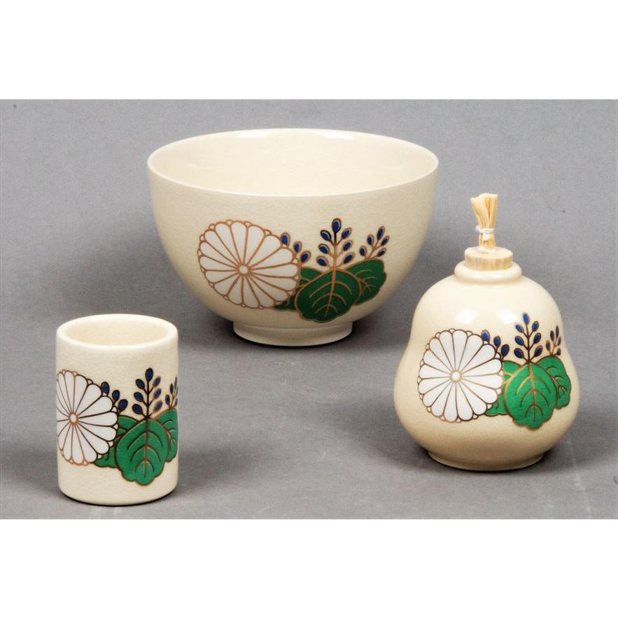 茶箱 陶器三点セット（抹茶茶碗/振出/巾筒） 仁清 新菊桐 英香作（化粧