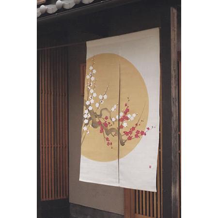 お取り寄せ】麻手描きのれん『円月の梅』（和風のれん）【暖簾/冬/花