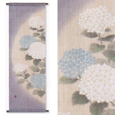 【お取り寄せ】麻手描きタペストリー『てまり紫陽花』（掛軸、和風タペストリー）【あじさい/アジサイ/春、初夏】京都 洛柿庵】