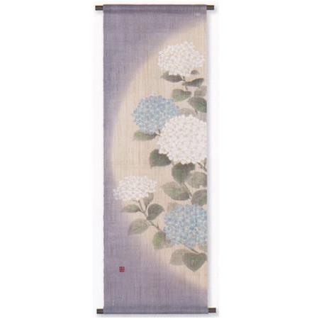 【お取り寄せ】麻手描きタペストリー『てまり紫陽花』（掛軸、和風タペストリー）【あじさい/アジサイ/春、初夏】京都 洛柿庵】_1
