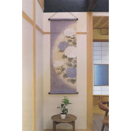 【お取り寄せ】麻手描きタペストリー『てまり紫陽花』（掛軸、和風タペストリー）【あじさい/アジサイ/春、初夏】京都 洛柿庵】_2