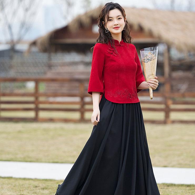 チャイナ服 トップス ☆chaiは最大ポイント3倍☆ 春秋 赤 七分袖