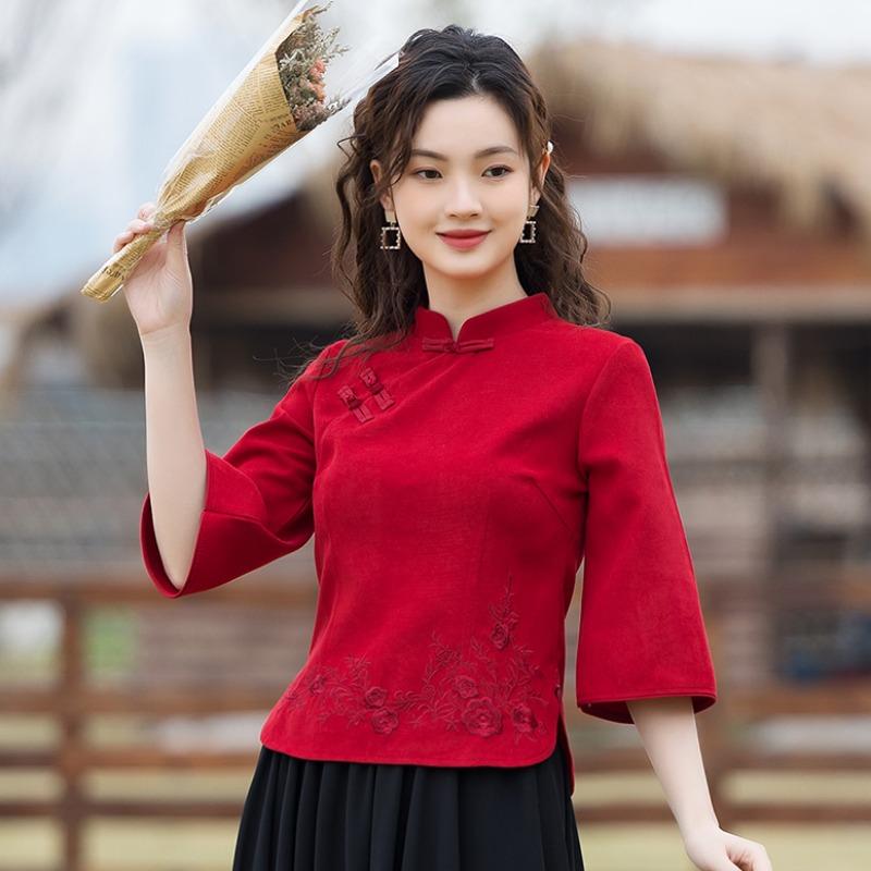 チャイナ服 トップス ☆chaiは最大ポイント3倍☆ 春秋 赤 七分袖 チャイナ服 トップス ☆chaiは最大ポイント3倍☆ 春秋 赤 七分袖