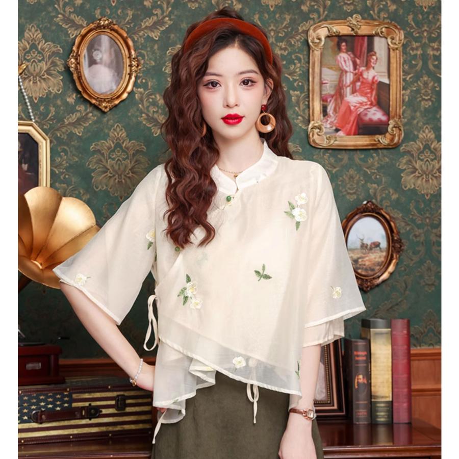チャイナ服 トップス ☆chaiは最大ポイント3倍☆ 爽やかな風合い 薄手
