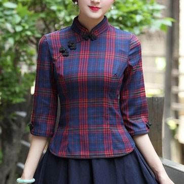 チャイナ服 トップス チェック チャイナドレス 7分袖 長袖 上品 本格