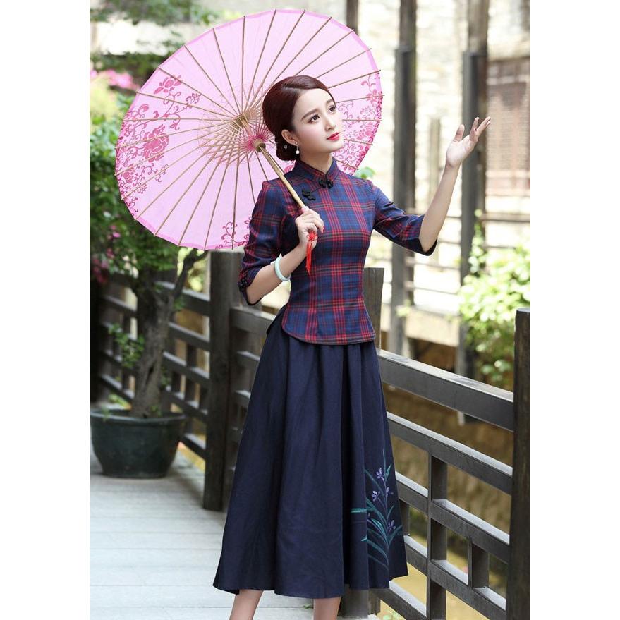 チャイナドレス チャイナ服 トップス チェック チャイナドレス 7分袖 長袖 上品 本格