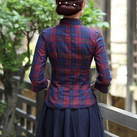チャイナ服 トップス チェック チャイナドレス 7分袖 長袖 上品 本格