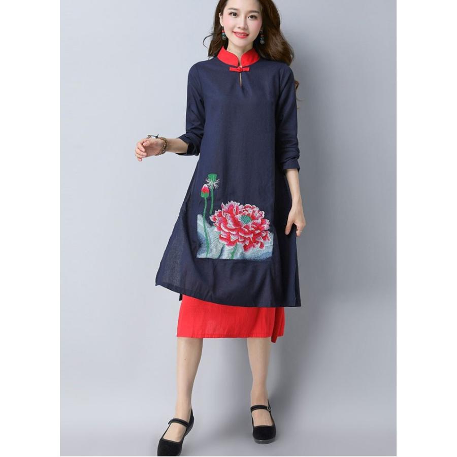 公式ストア チャイナドレス ロング丈 長袖 ワンピース 中華服 チャイナ服 プリント オシャレ 上品 優雅 秋服 冬服 新作 Tman バーゲン Carlavista Com