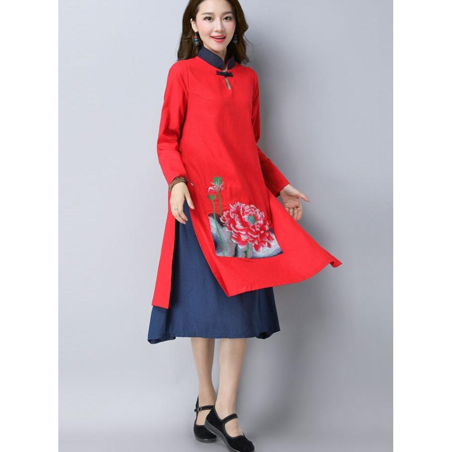 公式ストア チャイナドレス ロング丈 長袖 ワンピース 中華服 チャイナ服 プリント オシャレ 上品 優雅 秋服 冬服 新作 Tman バーゲン Carlavista Com