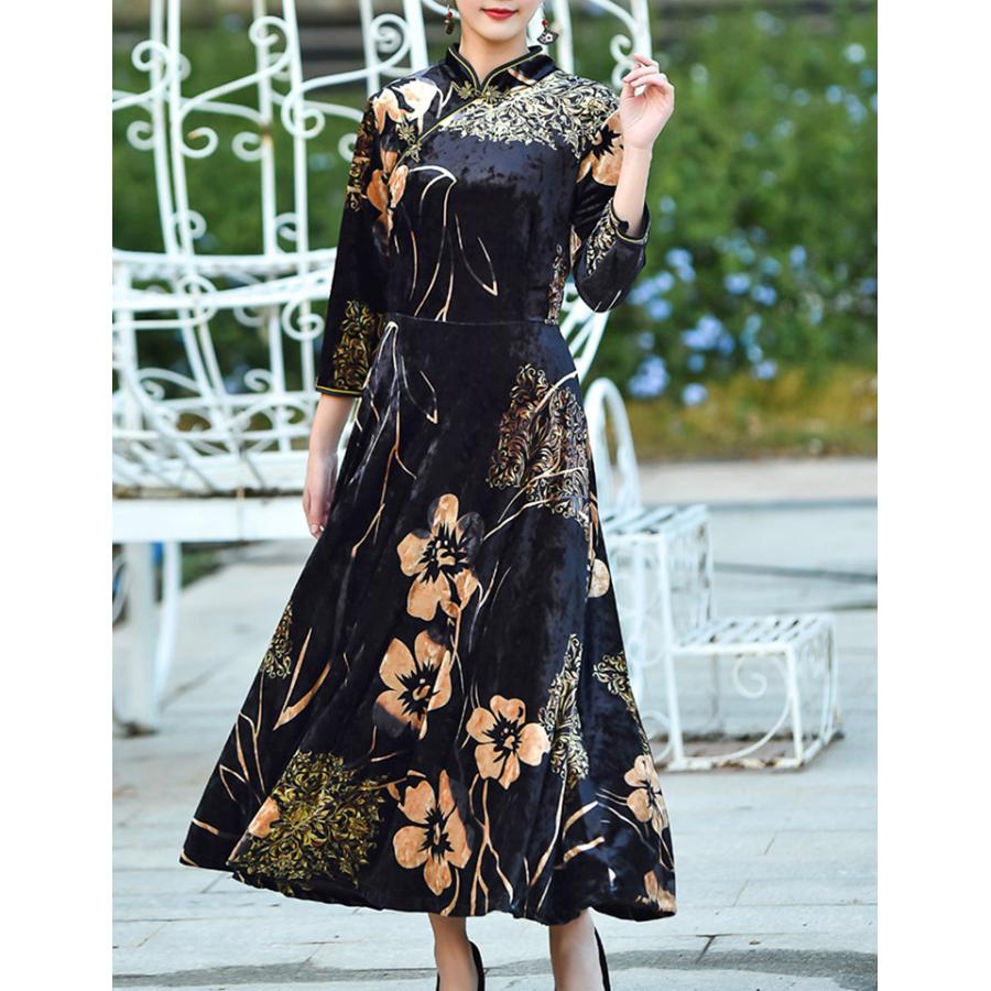 最新情報 チャイナドレス ワンピース 花柄 ロング丈 長袖 七分袖 チャイナ服 普段着 舞台 衣装 民族 中国風 Zl185 還元祭 Centrodeladultomayor Com Uy