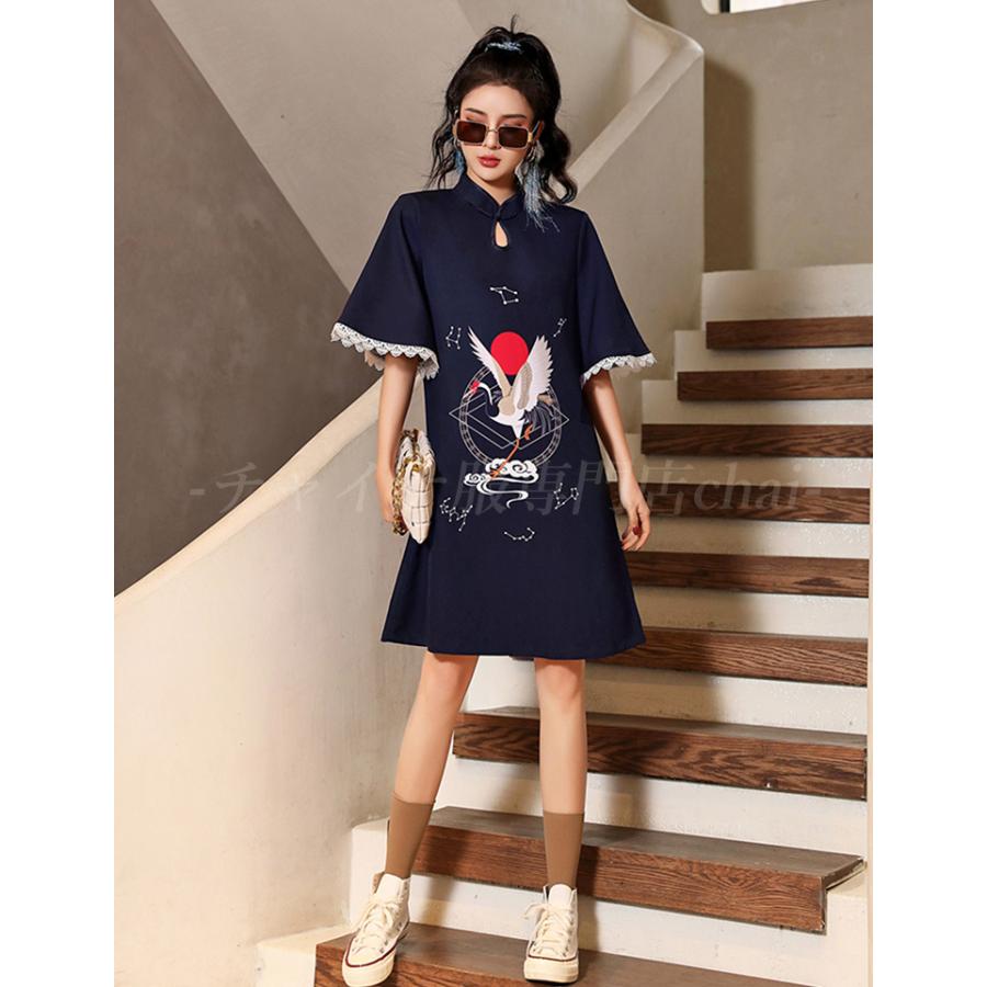 チャイナドレス ワンピース Chaiは ポイント最大3倍 ショート丈 鶴柄 五分袖 チャイナ服 普段着 衣装 民族 中国風 Zs131 Zs131 チャイナ服専門店chai 通販 Yahoo ショッピング