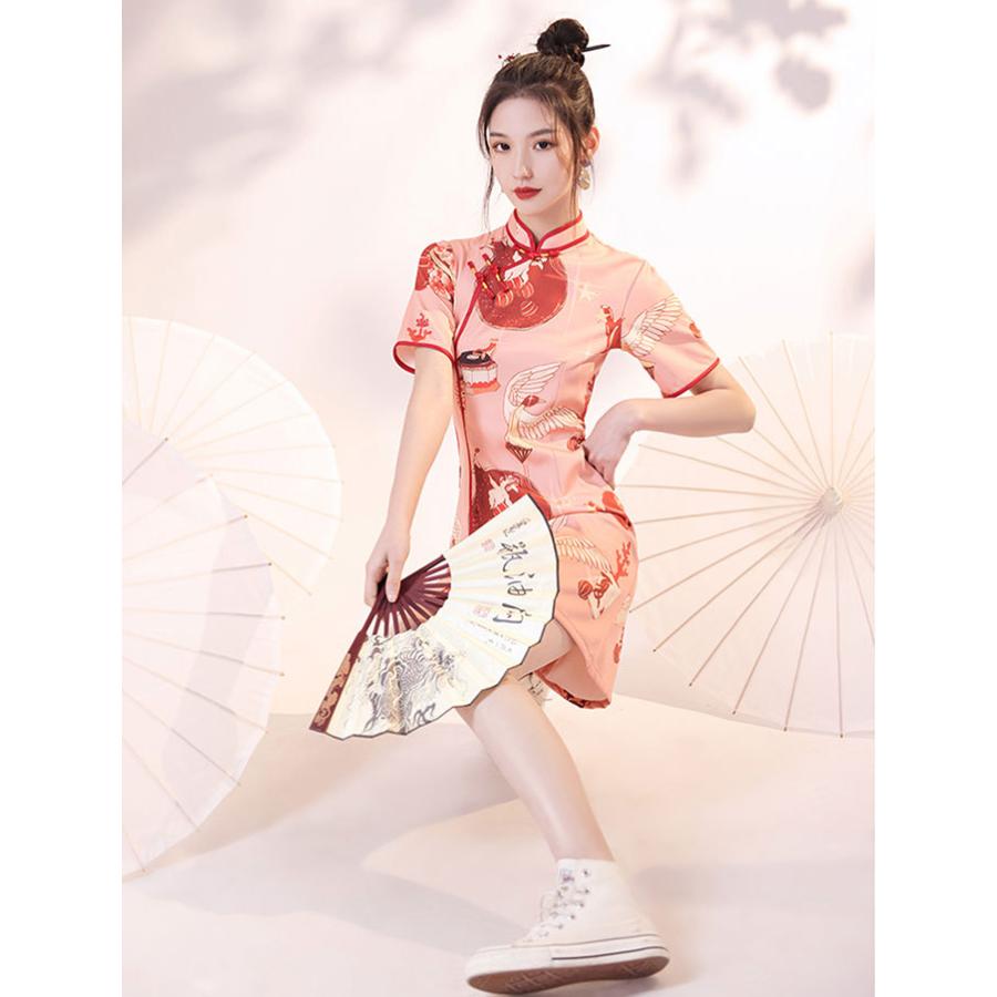 チャイナドレス ワンピース Chaiは ポイント最大3倍 スリットワンピ 半袖 鶴柄 ショート丈 チャイナボタン チャイナ服 普段着 衣装 民族 中国風 Zs144 Zs144 チャイナ服専門店chai 通販 Yahoo ショッピング