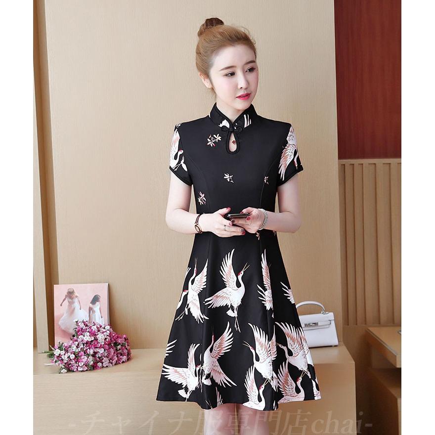 チャイナ服 鶴柄 ワンピース ショート丈 半袖 チュニック チャイナドレス 普段着 舞台 衣装 民族 中国風 Zs87 Chaiはポイント最大3倍 Zs87 チャイナ服専門店chai 通販 Yahoo ショッピング