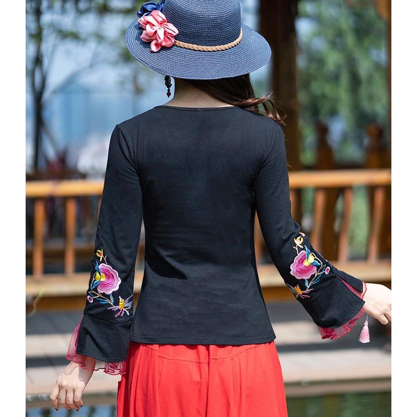 ☆ozzon☆　チャイナカットソー　 蝶刺繍の長袖トップス チャイナドレス チャイナ服 長袖 トップス 刺繍 民族 衣装 本格 普段着