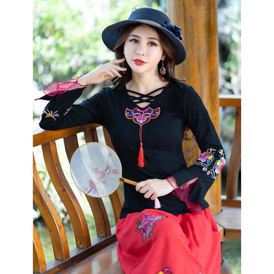チャイナドレス チャイナ服 長袖 トップス 刺繍 民族 衣装 本格 普段着