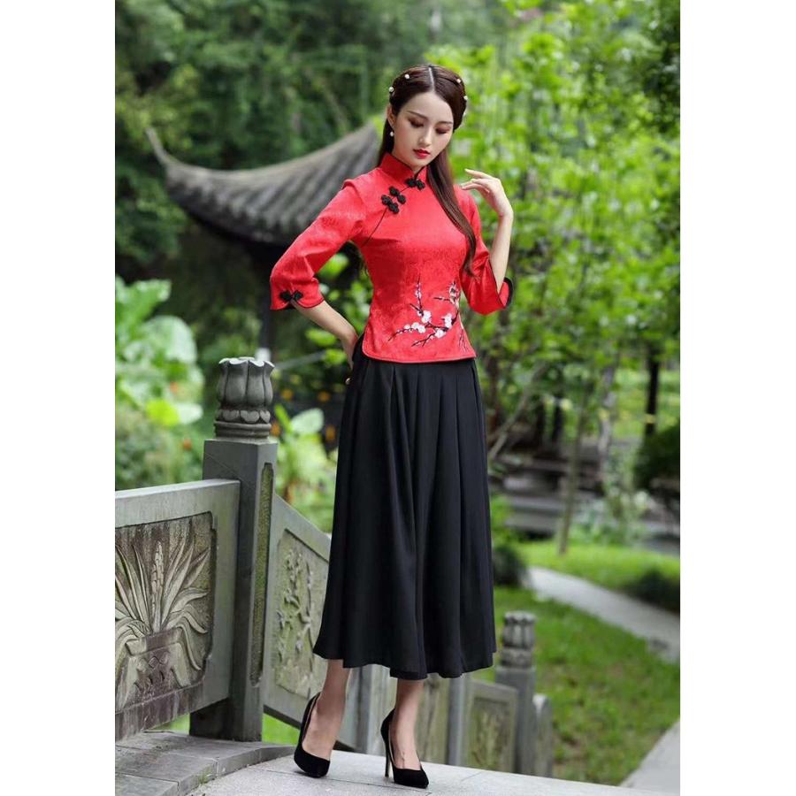 チャイナドレス チャイナ服 七分袖 梅花柄 トップス 刺繍 民族 衣装