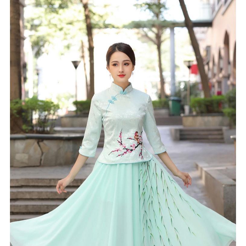 チャイナ服 刺繍 七分袖 鳥柄 梅柄 トップス アジアンテイスト