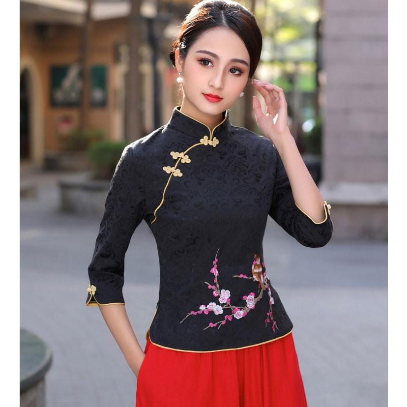 チャイナ服 刺繍 七分袖 鳥柄 梅柄 トップス アジアンテイスト 衣装