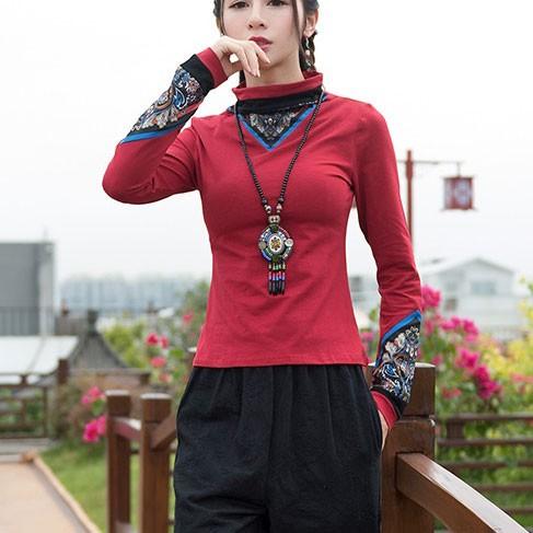 チャイナ服 トップス Tシャツ 刺繍 ハイネック 長袖 ロンT 普段着 上品