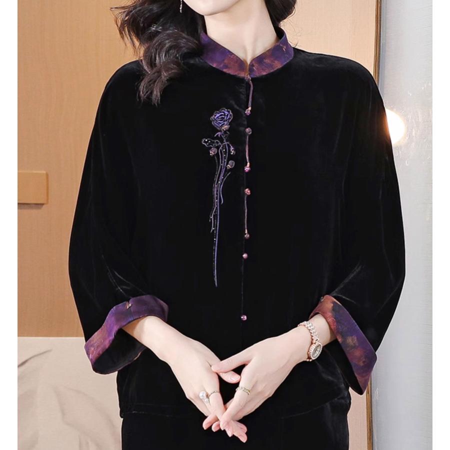 チャイナ服 民族服 黒 民族風 刺繍 七分袖 カジュアル 上下 唐装 チャイナ服 長袖トップス 上品な黒 スリム チャイナ風 普段着 民族衣装