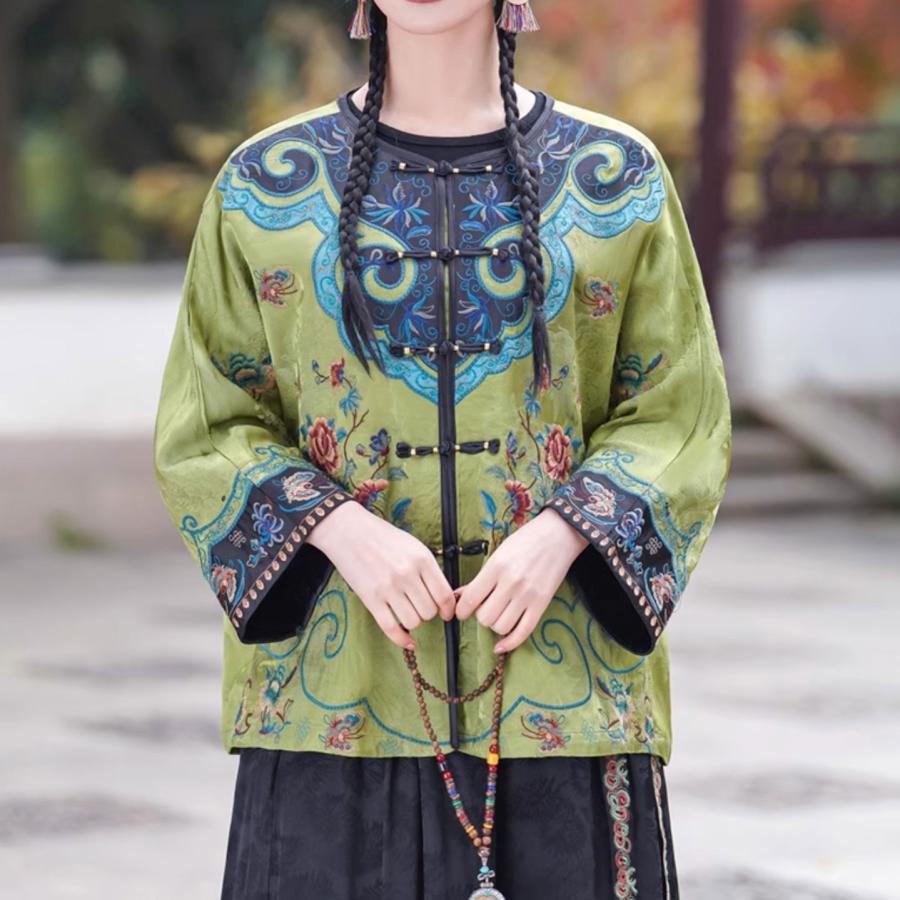 チャイナ服 トップス 本格 凝った刺繍 華やかな風合い 七分袖 襟なし