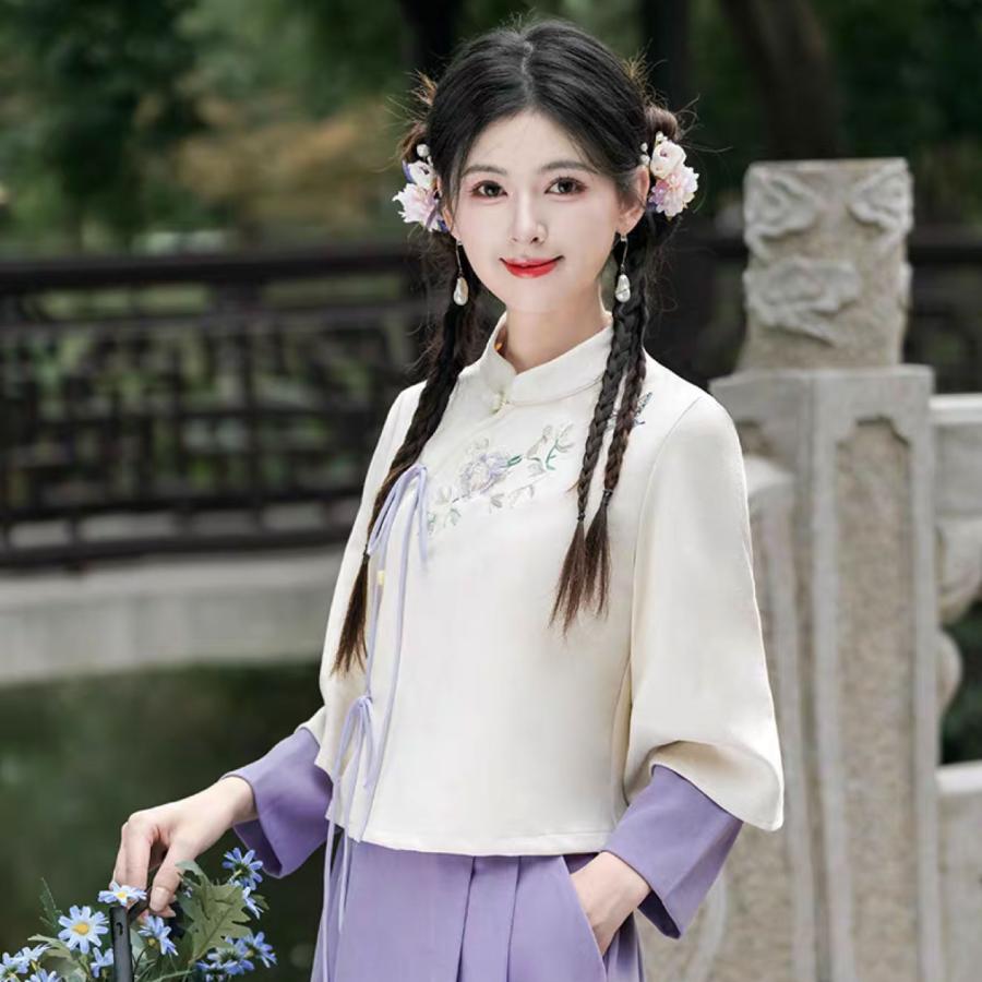 チャイナ服 トップス ☆chaiは最大ポイント3倍☆ 秋冬 長袖 重ね着風袖
