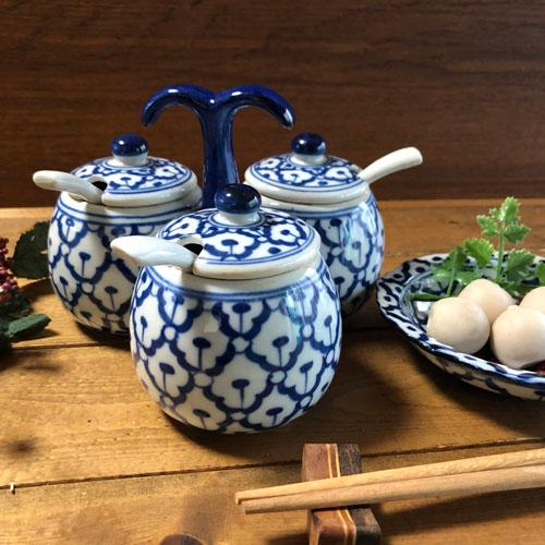 調味料入れ 一体型 青白陶器】 青白食器 パイナップル柄陶器 調味料入れ 一体型 青白陶器】 青白食器 パイナップル柄陶器