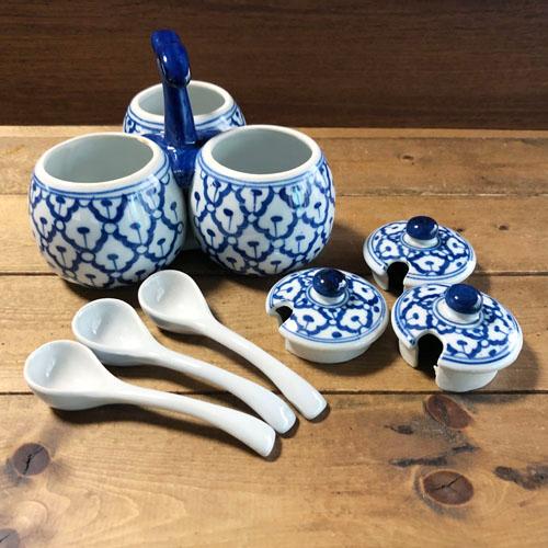 調味料入れ 一体型 青白陶器】 青白食器 パイナップル柄陶器 調味料入れ 一体型 青白陶器】 青白食器 パイナップル柄陶器