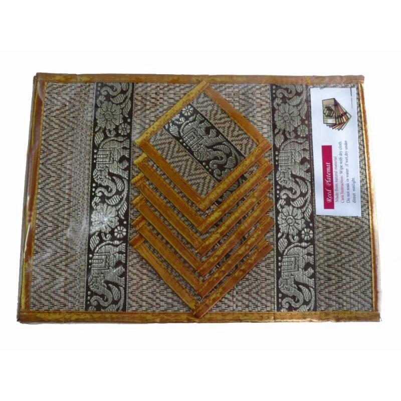 ランチョンマット【茶】象 6枚組 コースター付[1セット]　タイ雑貨　タイ料理　テーブルウェア　ランチョンマット　象　井草 |  | 01