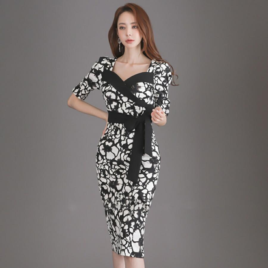 ワンピース レディース ドレス タイトワンピース 花柄 ひざ丈 シース 半袖 パーティードレス キャバドレス 夏 二次会 お呼ばれ 結婚式 | Village H＆T | 01