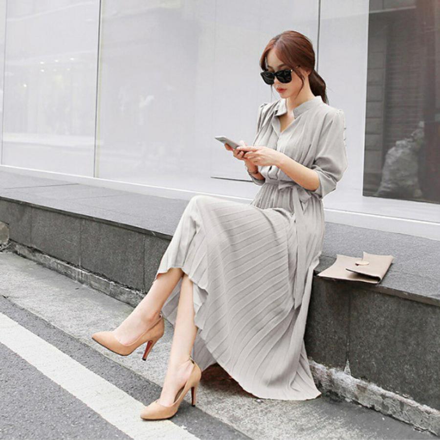 ワンピース レディース シャツワンピース プリーツワンピース シフォン 無地 体型カバー オシャレ クラシカル 大人可愛い きれいめ ベルト付き 通勤 春 秋 冬 | Village H＆T | 10