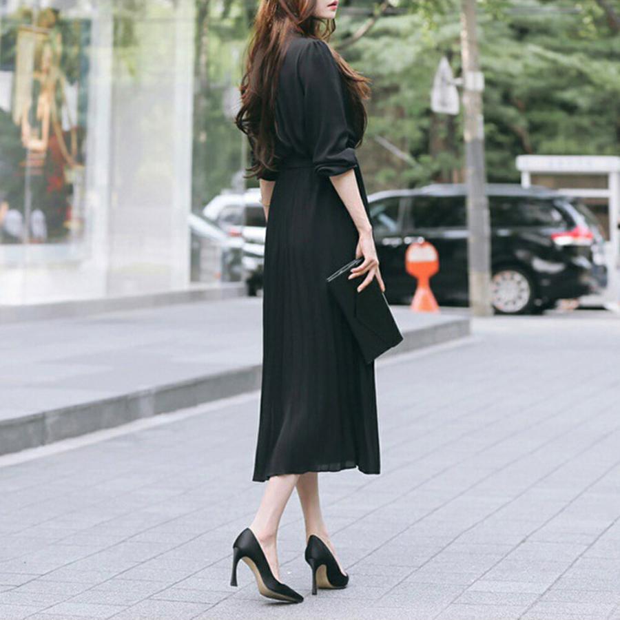 ワンピース レディース シャツワンピース プリーツワンピース シフォン 無地 体型カバー オシャレ クラシカル 大人可愛い きれいめ ベルト付き 通勤 春 秋 冬 | Village H＆T | 14