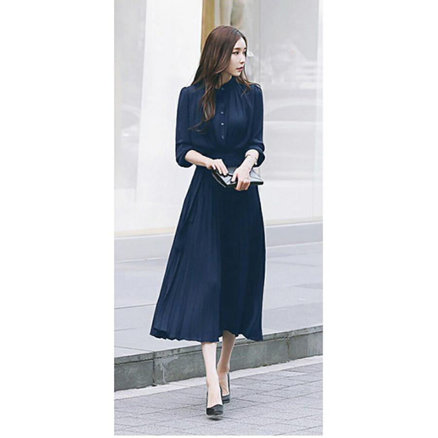 ワンピース レディース シャツワンピース プリーツワンピース シフォン 無地 体型カバー オシャレ クラシカル 大人可愛い きれいめ ベルト付き 通勤 春 秋 冬 | Village H＆T | 15