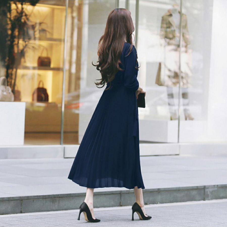 ワンピース レディース シャツワンピース プリーツワンピース シフォン 無地 体型カバー オシャレ クラシカル 大人可愛い きれいめ ベルト付き 通勤 春 秋 冬 | Village H＆T | 16