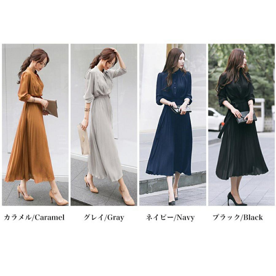 ワンピース レディース シャツワンピース プリーツワンピース シフォン 無地 体型カバー オシャレ クラシカル 大人可愛い きれいめ ベルト付き 通勤 春 秋 冬 | Village H＆T | 17