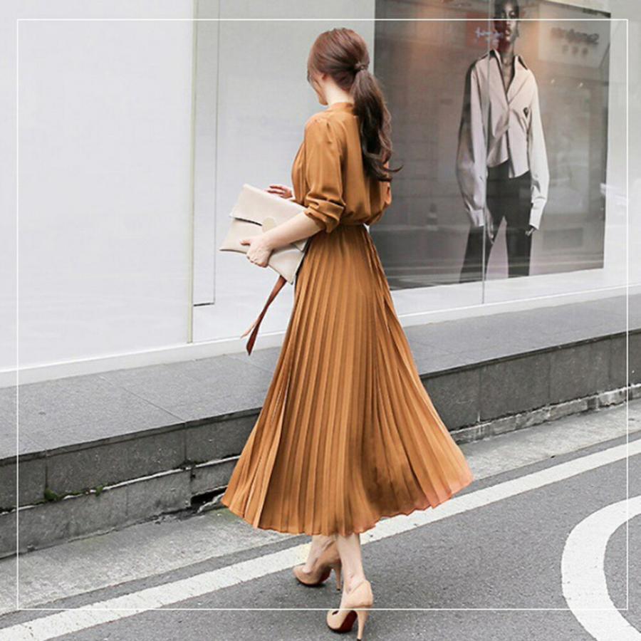 ワンピース レディース シャツワンピース プリーツワンピース シフォン 無地 体型カバー オシャレ クラシカル 大人可愛い きれいめ ベルト付き 通勤 春 秋 冬 | Village H＆T | 02