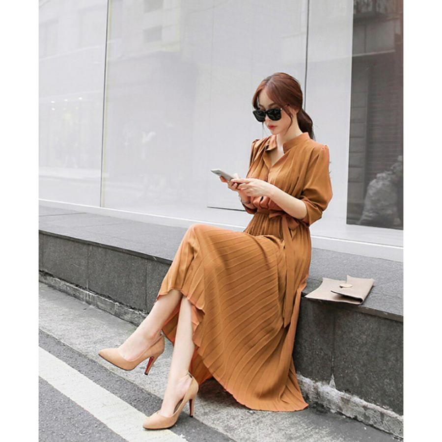 ワンピース レディース シャツワンピース プリーツワンピース シフォン 無地 体型カバー オシャレ クラシカル 大人可愛い きれいめ ベルト付き 通勤 春 秋 冬 | Village H＆T | 04