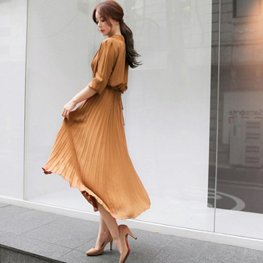 ワンピース レディース シャツワンピース プリーツワンピース シフォン 無地 体型カバー オシャレ クラシカル 大人可愛い きれいめ ベルト付き 通勤 春 秋 冬 | Village H＆T | 05