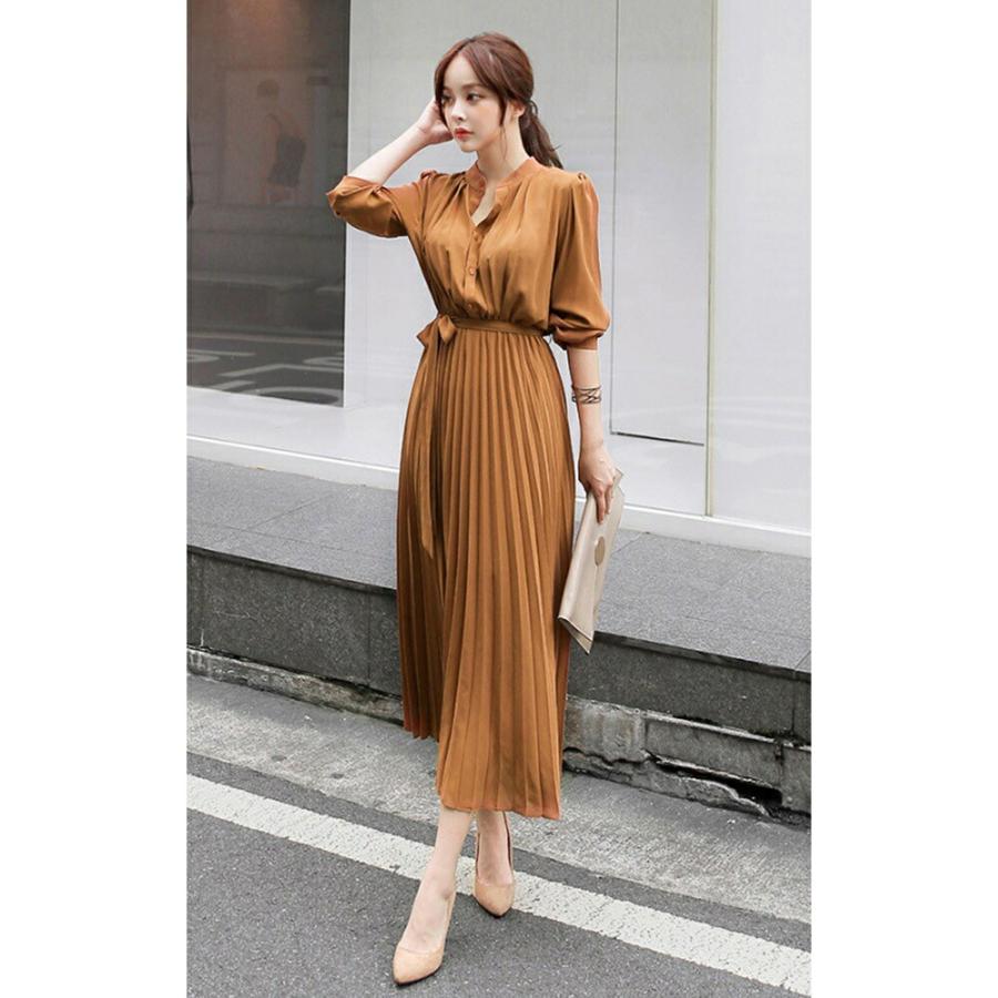 ワンピース レディース シャツワンピース プリーツワンピース シフォン 無地 体型カバー オシャレ クラシカル 大人可愛い きれいめ ベルト付き 通勤 春 秋 冬 | Village H＆T | 06