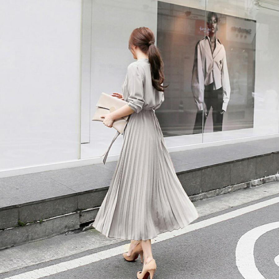 ワンピース レディース シャツワンピース プリーツワンピース シフォン 無地 体型カバー オシャレ クラシカル 大人可愛い きれいめ ベルト付き 通勤 春 秋 冬 | Village H＆T | 09