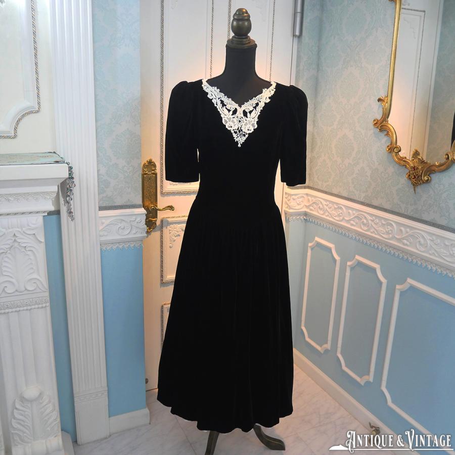 GUNNE SAX 80s ヴィンテージレース襟付きヴィクトリアンベロアドレス  