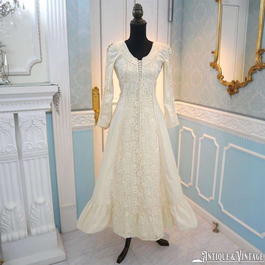 ヴィンテージスリーブラインレースアイボリーモスリンドレス : CHAMBER  
