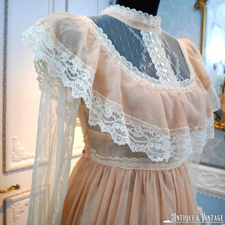 ビンテージ アンティーク レース 70s USA フリル ワンピースドレス  