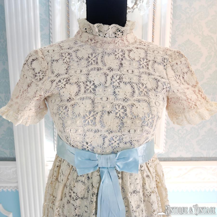 ヴィンテージクロシェレースブルーリボンウェディングドレス : vc-5  