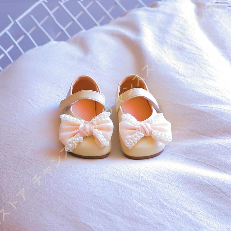 ドレスシューズ 子供 フォーマルシューズ ガールズ バレエシューズ 可愛い パール リボン レザー 本革 マジックテープ 発表会 結婚式 演奏会 軽量 美しい