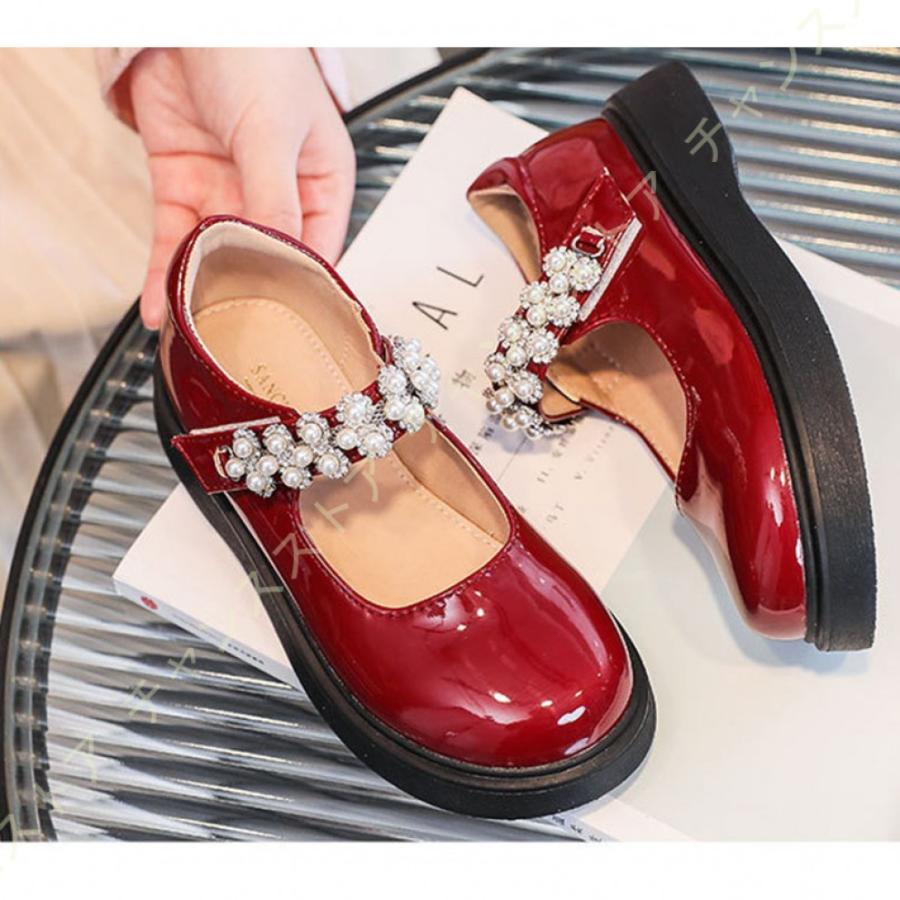 ガールズシューズ キッズフォーマルシューズ ラウンドトゥ ぺたんこ 女の子靴子供シューズ パンプス マジックテープ ラインストーン パール プリンセス 発表会 期間限定特価